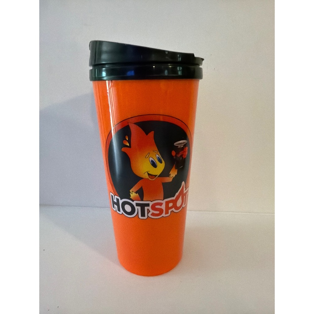 Hot Spot Gas Station Travel Mug Orange Plastic Tumbler with Lid Flame Character